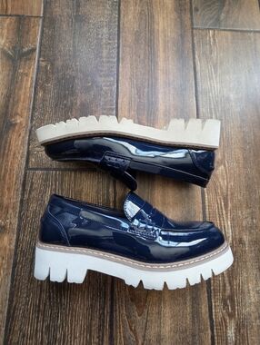 Womens Navy Blue Patent Leather Slip-On Loafers with White Foam Platform